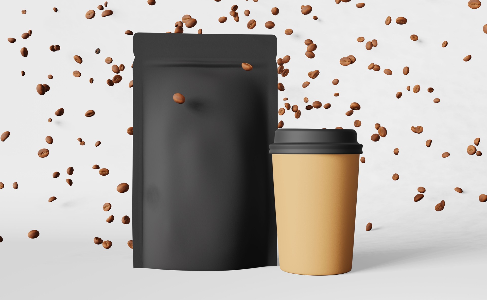 Paper pouch bag coffee cup falling beans 3D rendering . Coffee shop discount demonstration delivery sale banner design.